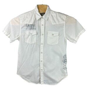 Guess Casual Shirt Men's M White Short Sleeve Cotton Graphic Print  Button-Up